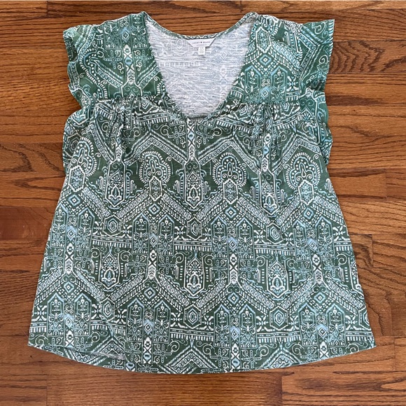 Lucky Brand Green Blue White Boho Print V-Neck Blouse Top Women’s Large - Picture 7 of 7
